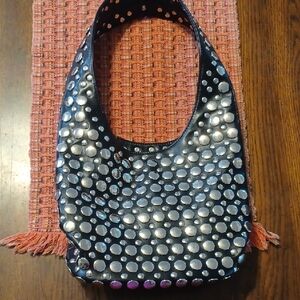 Source Unknown Black and Silver Polka Dot Hobo Bag